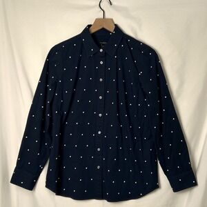 Talbots Womens Navy Blue White Polka Dot Button Down Shirt Size M Office Casual